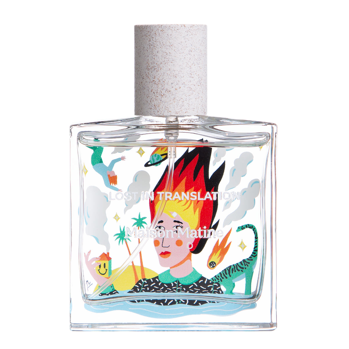 Maison Matine - Lost in Translation Parfumflakon mit farbenfroher surrealer Illustration auf klarem Glas und weißem Deckel