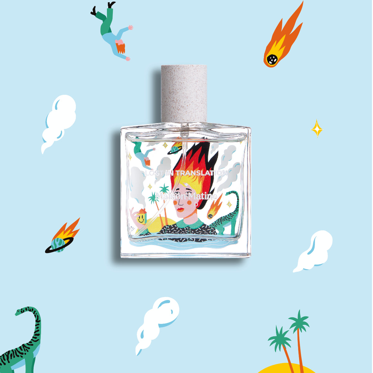 Maison Matine - Lost in Translation Parfumflakon mit fantasievoller Illustration eines flammenden Kopfes auf klarem Glas vor blauem Hintergrund