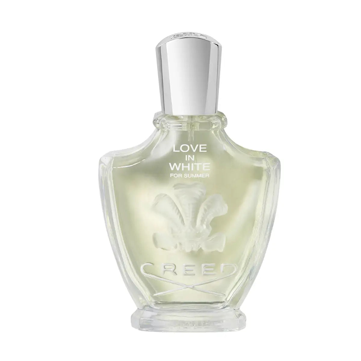 Creed - Love in White for Summer Parfumflakon in klarem Glas mit silberfarbenem Verschluss vor weißem Hintergrund