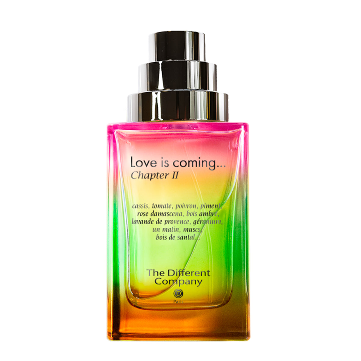The Different Company - Love is coming...Chapter II Parfumflakon mit mehrfarbigem Glas und silbernem Zerstäuber vor weißem Hintergrund