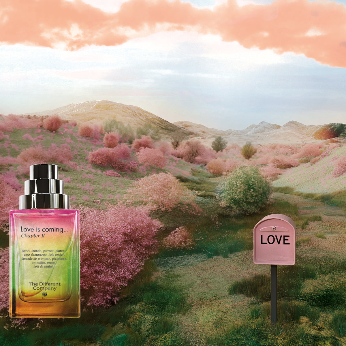 The Different Company - Love is coming...Chapter II Parfumflakon vor romantischer Landschaft mit rosa Blumen und LOVE-Briefkasten