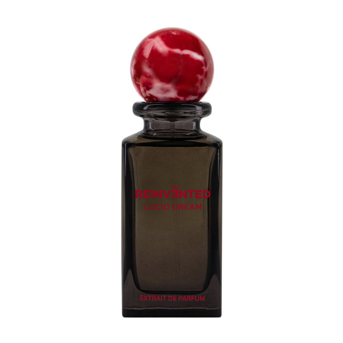 Reinvented Parfums - Lucid Dream Parfumflakon mit schwarzem Glas und rotem, rundem Verschluss vor weißem Hintergrund