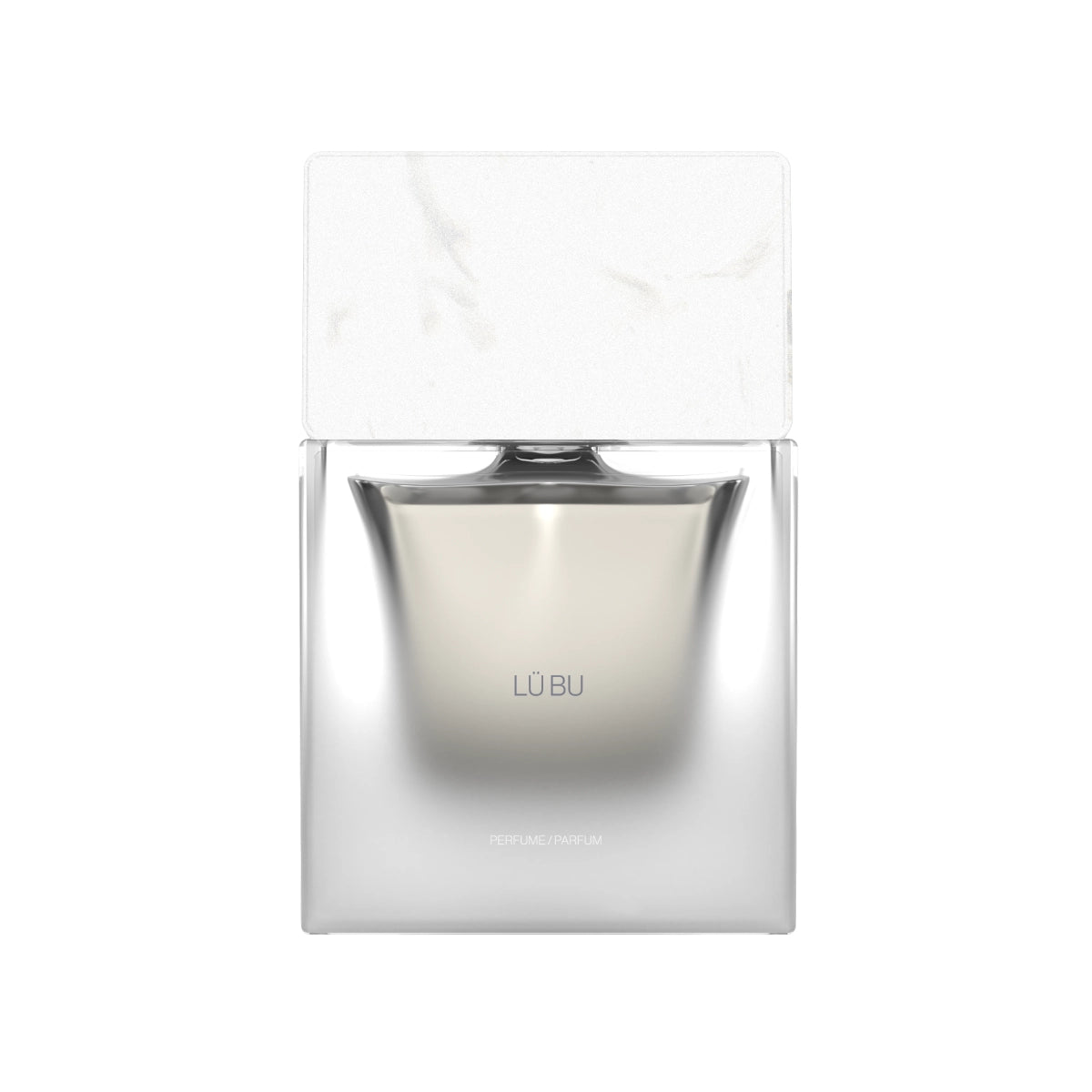 Sora Dora - White Collection - Lü Bu Parfumflakon in elegantem Silber mit weißem Marmorverschluss minimalistisch gestaltet