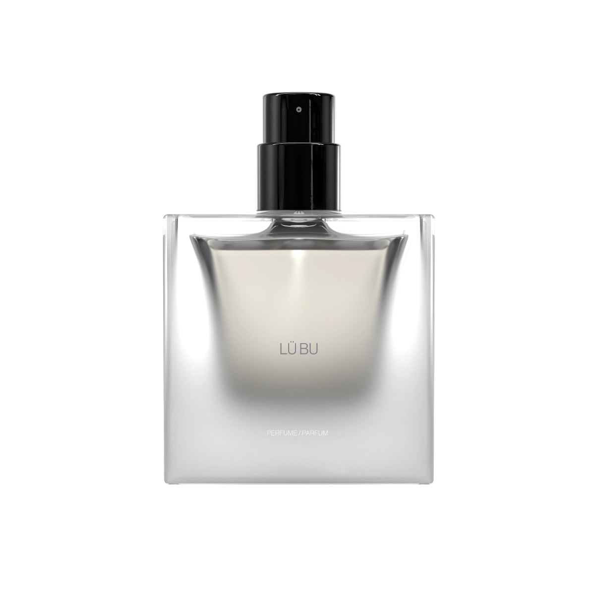 Sora Dora - White Collection - Lü Bu Parfumflakon in klarer, minimalistischer Glasform mit schwarzem Sprühkopf vor weißem Hintergrund