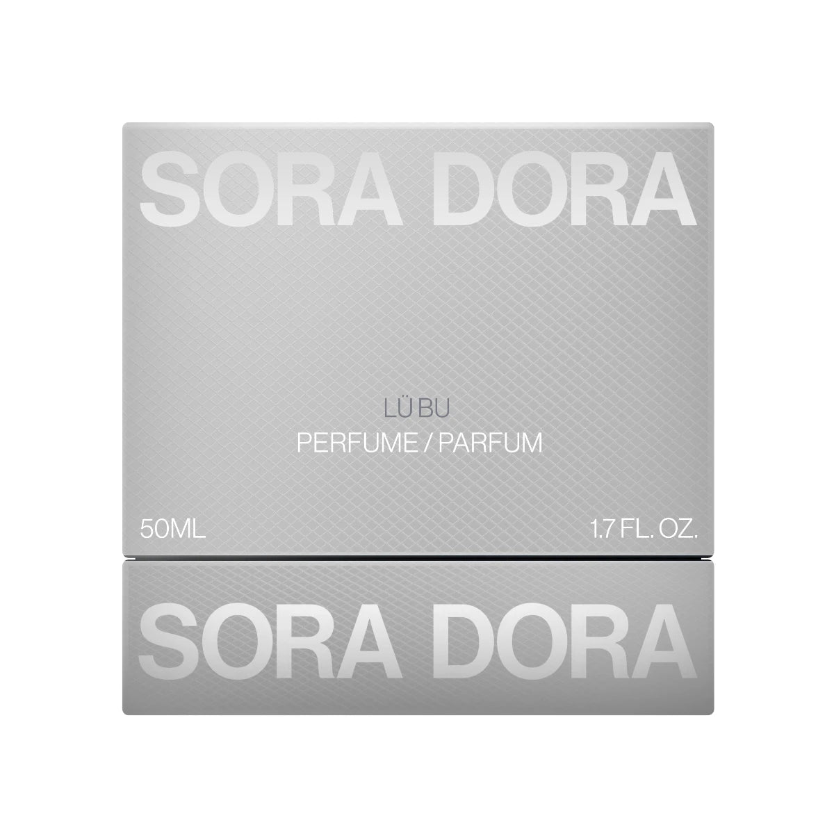 Sora Dora - White Collection - Lü Bu Parfumverpackung in schlichtem, silbernem Design mit moderner Typografie auf neutralem Hintergrund