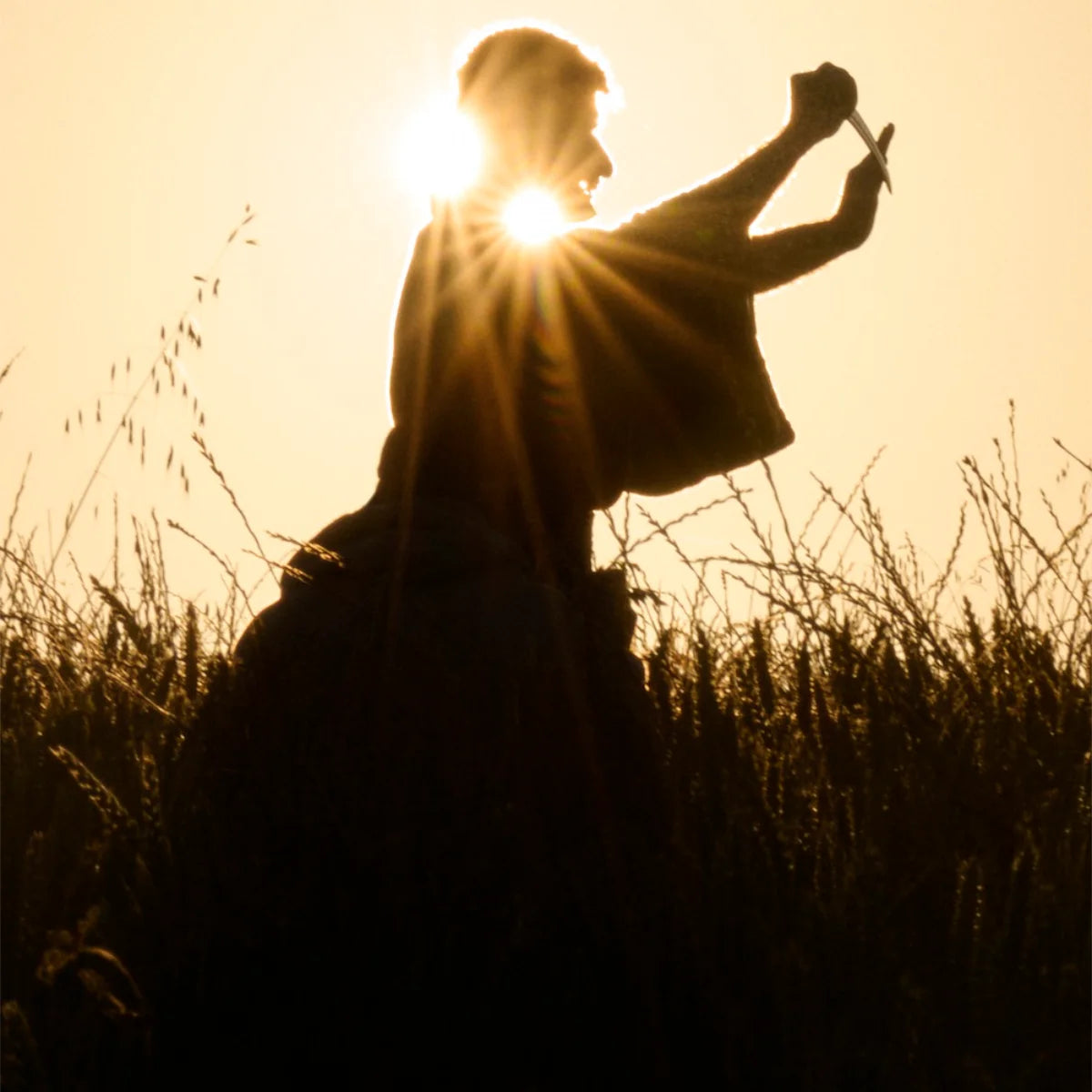 Sora Dora - White Collection - Lü Bu Silhouette vor Sonnenlicht im Feld, mystisch und mit Nebel umhüllt in Schwarz und Grau
