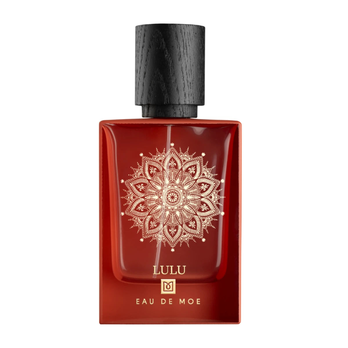 Eau De Moe - Lulu Parfümflakon in tiefrotem Glas mit filigranem goldfarbenem Mandala und schwarzem Holzkorken