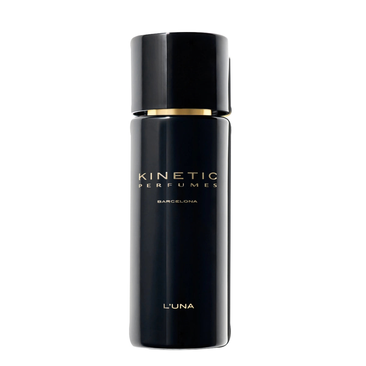 Kinetic Perfumes - L'Una schwarzer Duftflakon mit goldener Schrift und elegantem, schlichtem Design auf weißem Hintergrund