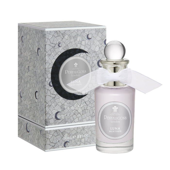 Penhaligon's - British Tales - Luna edler Parfumflakon mit weißer Schleife und passender Verpackung mit Mondmotiven