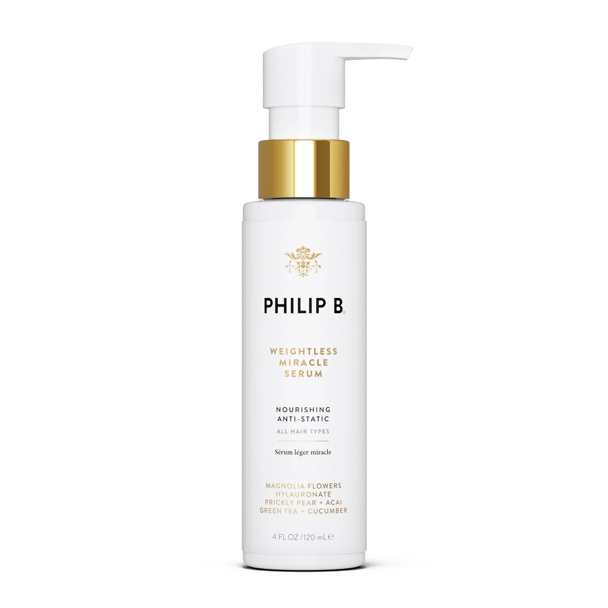 Philip B - Weightless Miracle Serum in weißem Spenderflakon mit goldfarbenem Akzent für leichte Pflege und Glanz