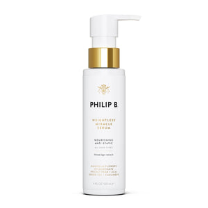 Philip B - Weightless Miracle Serum in weißem Spenderflakon mit goldfarbenem Akzent für leichte Pflege und Glanz