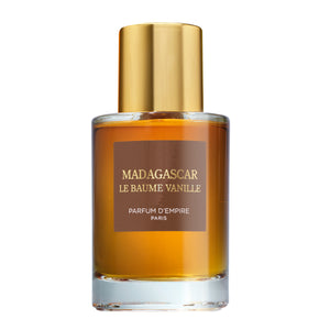 Parfum d'Empire - Madagascar, Le Baume Vanille Flakon mit goldfarbenem Verschluss und bernsteinfarbenem Parfum vor weißem Hintergrund