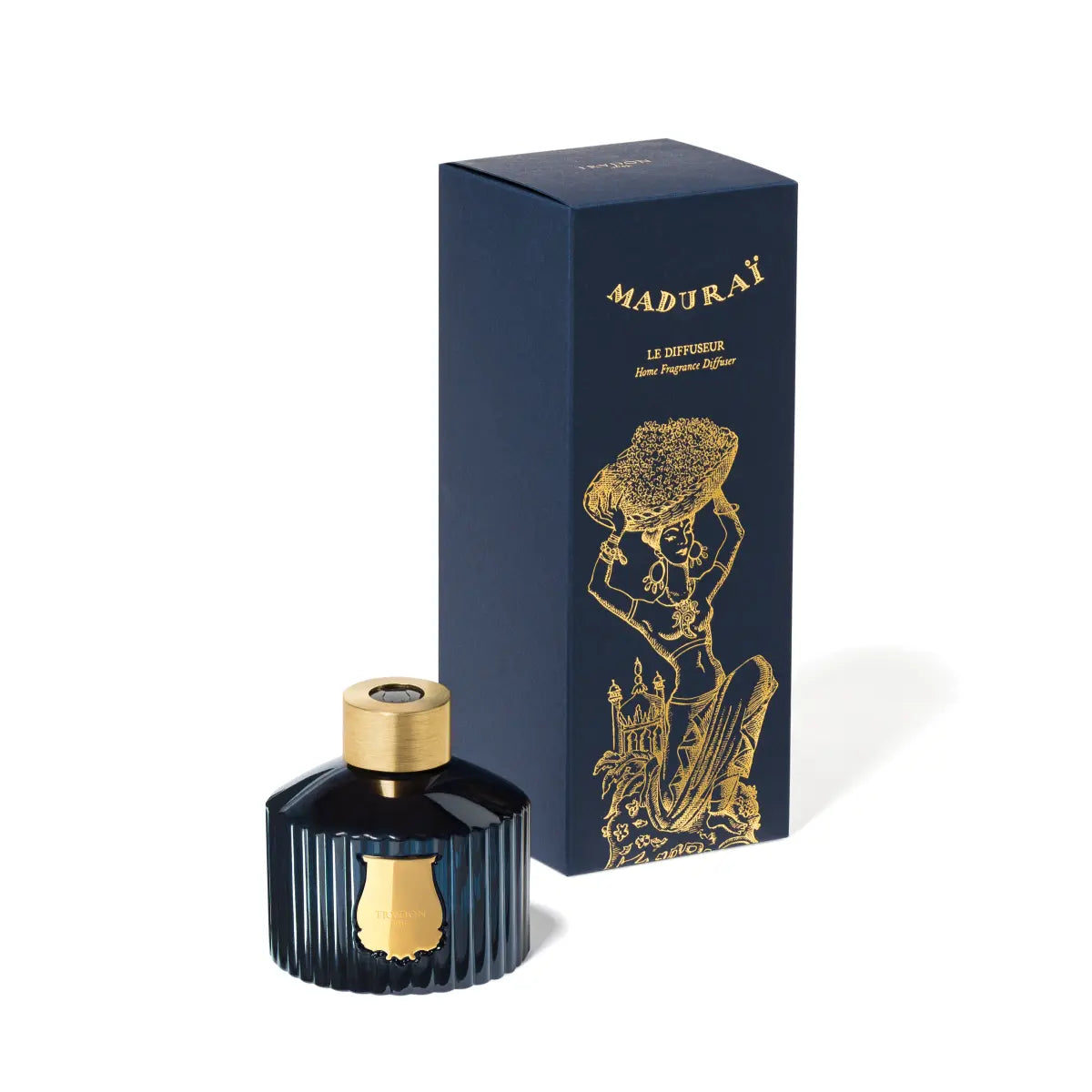 Trudon - Les Belles Matiéres - Maduraï - Diffusor mit dunkelblauem geriffeltem Glas und goldener Kappe vor weißem Hintergrund