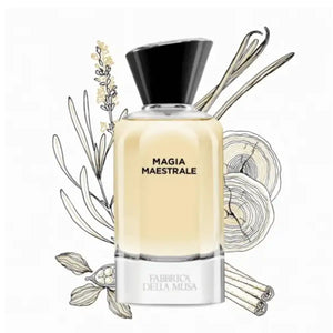 Fabbrica della Musa - Magia Maestrale Flakon mit vanillefarbener Flüssigkeit und schwarzem, kegelförmigem Verschluss vor Zeichnung