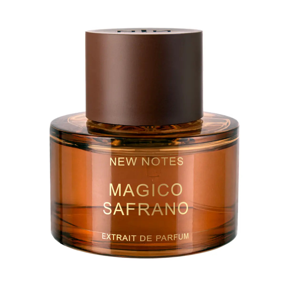New Notes - Modern Liquid Collection - Magico Safrano Duftflakon in warmem Orange mit braunem Verschluss und goldfarbener Schrift