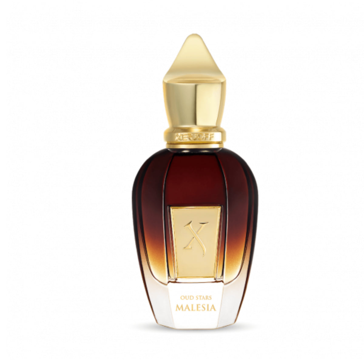 Xerjoff - Oud Stars - Malesia Parfumflakon in dunklem Braun mit goldfarbenem Deckel vor weißem Hintergrund
