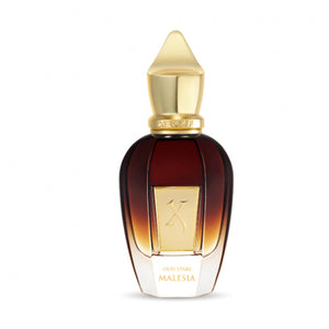 Xerjoff - Oud Stars - Malesia Parfumflakon in dunklem Braun mit goldfarbenem Deckel vor weißem Hintergrund