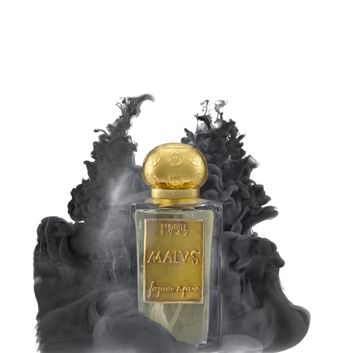 Nobile 1942 - Malus Parfumflakon mit goldfarbenem Verschluss vor nebligem schwarzem Hintergrund