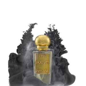 Nobile 1942 - Malus Parfumflakon mit goldfarbenem Verschluss vor nebligem schwarzem Hintergrund