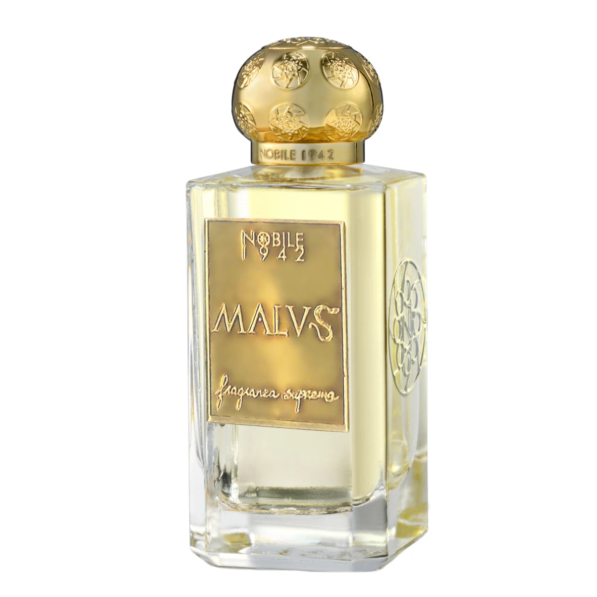 Nobile 1942 - Malus Parfumflakon mit goldfarbenem Verschluss und edlem Label in klarem Glas auf weißem Hintergrund