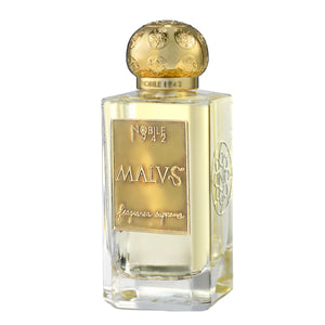 Nobile 1942 - Malus Parfumflakon mit goldfarbenem Verschluss und edlem Label in klarem Glas auf weißem Hintergrund