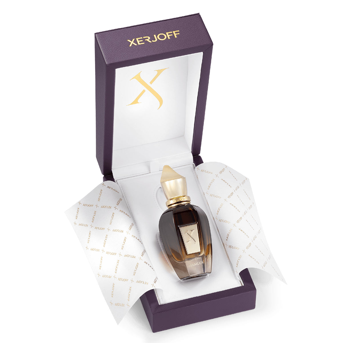 Xerjoff - Oud Stars - Mamluk edler Flakon mit goldfarbenem Detail in dunkler Verpackung auf weißem Hintergrund