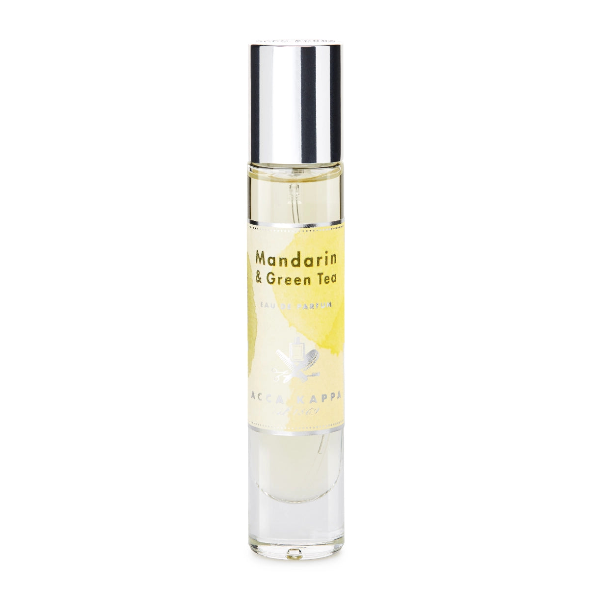 Acca Kappa - Mandarin & Green Tea Parfum in schlankem Glasflakon mit silbernem Verschluss auf weißem Hintergrund