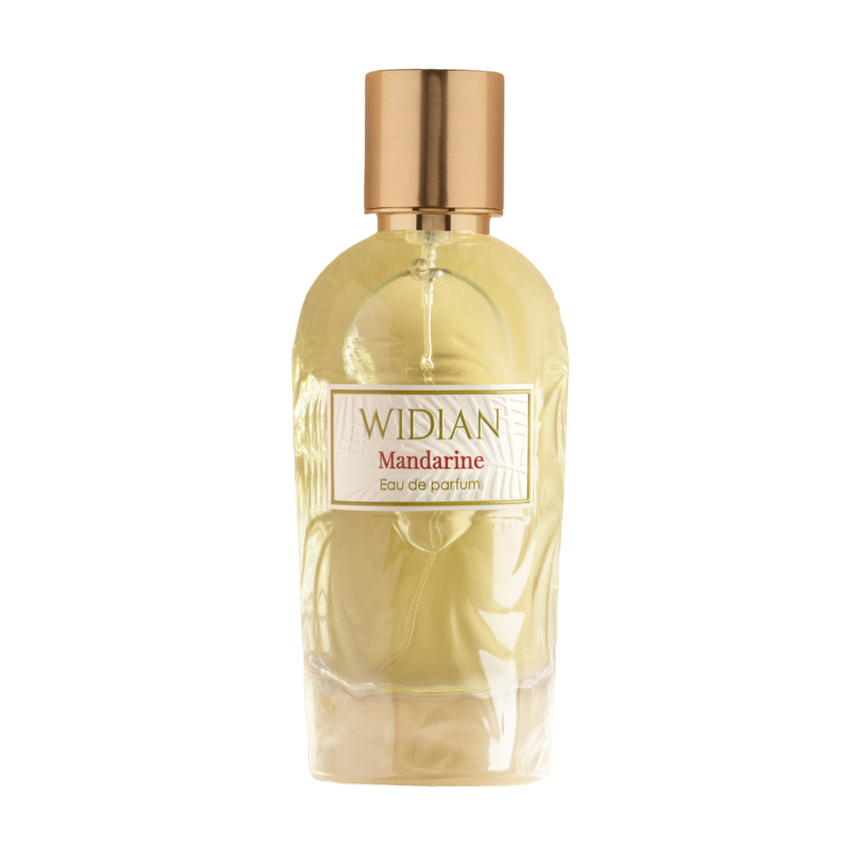Widian - Rose Arabia Collection - Mandarine Parfumflakon mit goldenem Verschluss und klarem Glas vor weißem Hintergrund