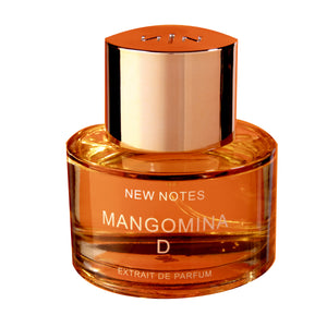 New Notes - Modern Liquid Collection - Mangomina D Parfumflakon in warmen Bernstein- und Goldtönen vor weißem Hintergrund