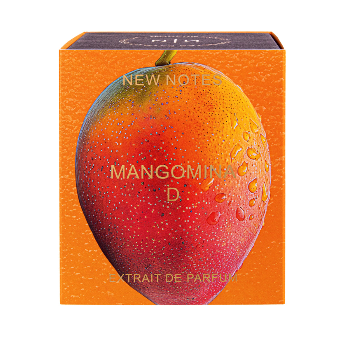New Notes - Modern Liquid Collection - Mangomina D Verpackung mit realistisch gezeichneter Mango in leuchtenden Orange- und Rottönen