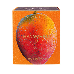 New Notes - Modern Liquid Collection - Mangomina D Verpackung mit realistisch gezeichneter Mango in leuchtenden Orange- und Rottönen
