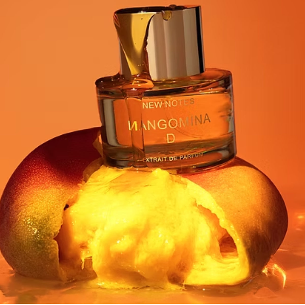 New Notes - Modern Liquid Collection - Mangomina D Parfumflakon in warmen Gelb- und Orangetönen mit fruchtiger Inszenierung