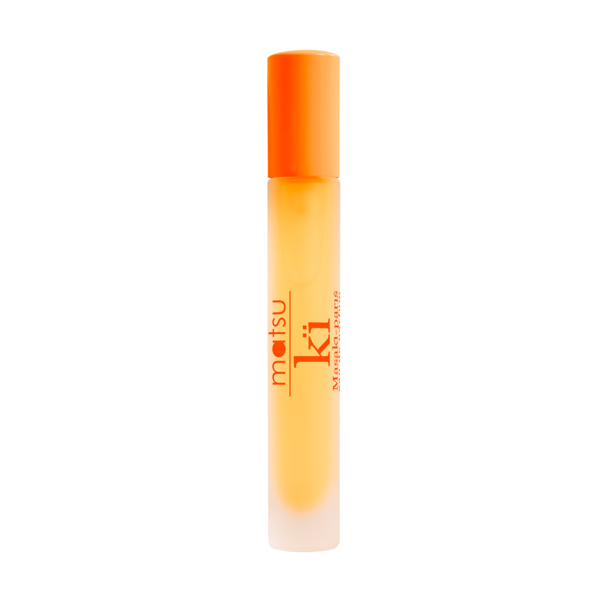Masakï Matsushïma - Matsu Kï Parfumflakon in schlanker Form mit leuchtend orangefarbenem Deckel vor weißem Hintergrund