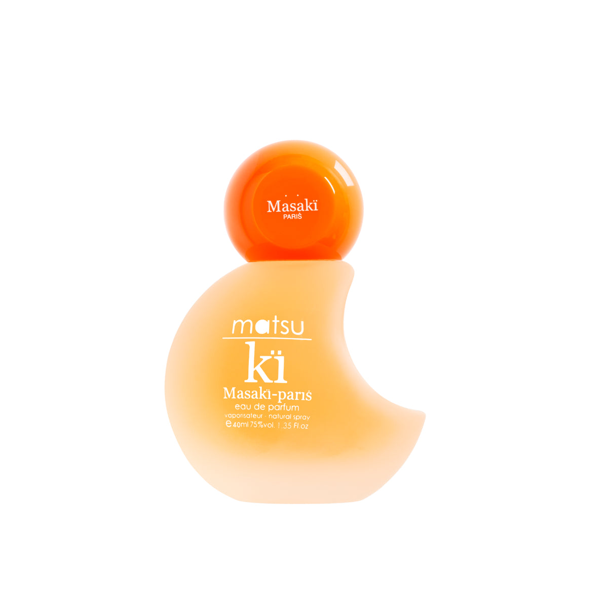 Masakï Matsushïma - Matsu Kï Parfumflakon in geschwungener Form mit leuchtend orangefarbenem Deckel auf weißem Hintergrund