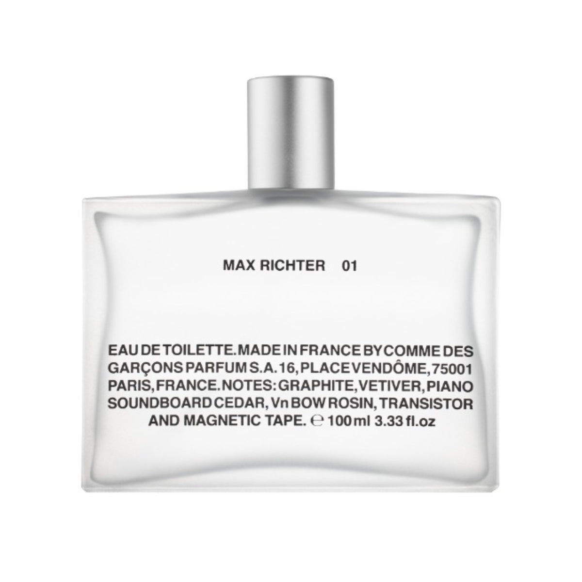 Comme des Garçons - Max Richter 01 minimalistischer transparenter Flakon mit schwarzer Schrift auf weißem Hintergrund