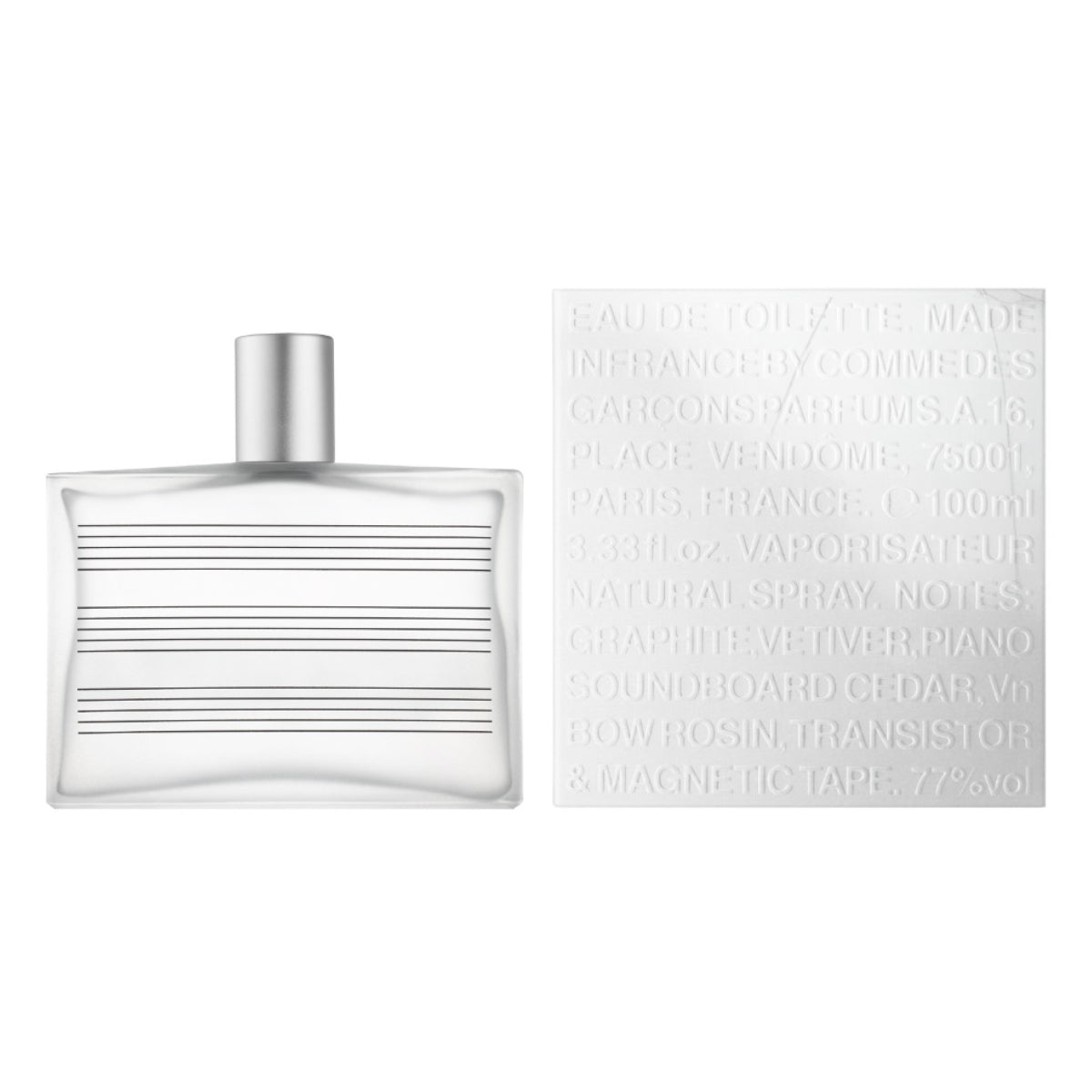 Comme des Garçons - Max Richter 01 Flakon mit minimalistischen Linien auf mattiertem Glas vor weißem Hintergrund