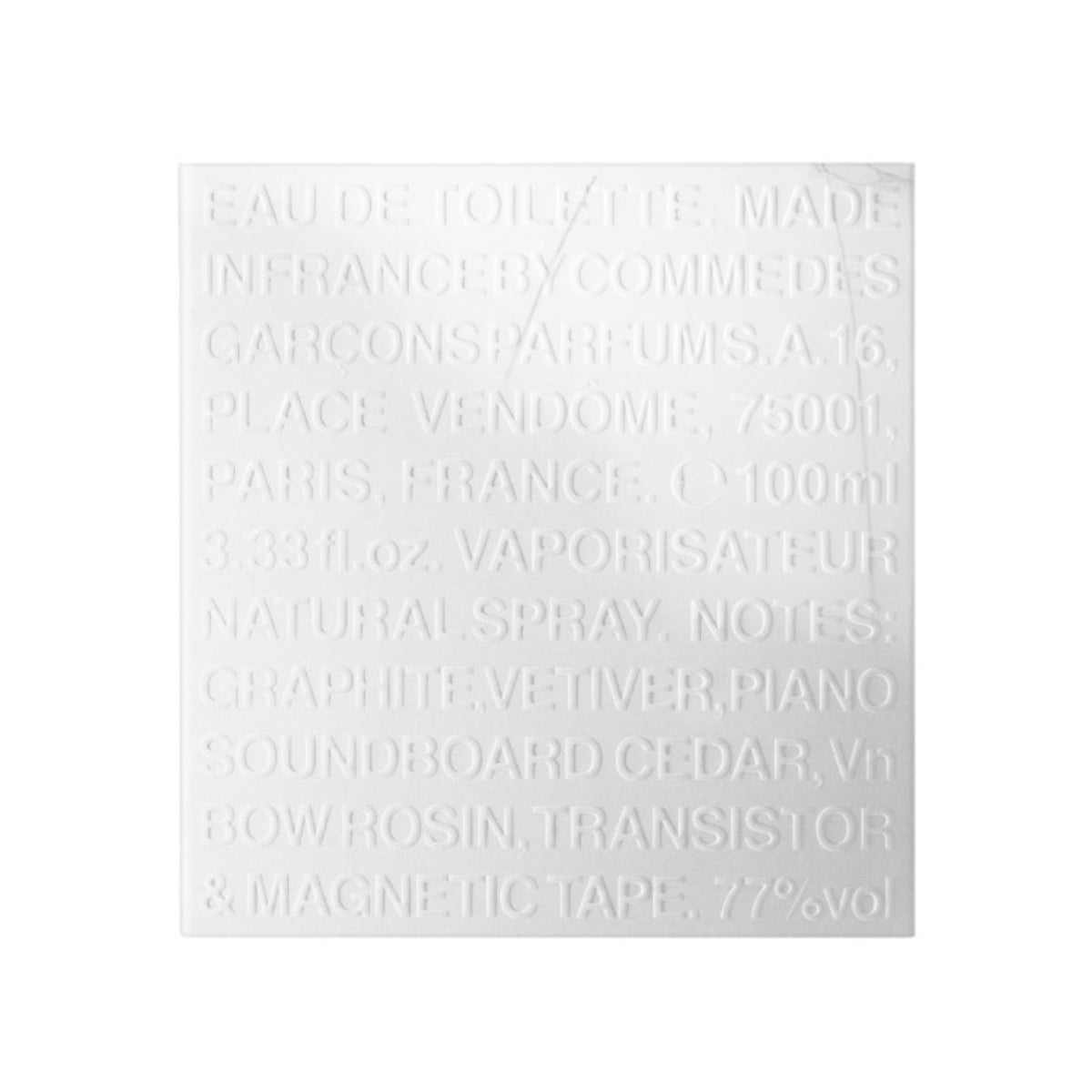 Comme des Garçons - Max Richter 01 weiße Prägung mit Duftnoten und Herstellungsinformationen in minimalistischer Gestaltung