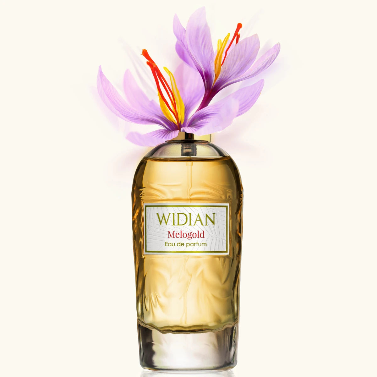 Widian - Rose Arabia Collection - Melogold Flakon mit goldgelber Flüssigkeit und zarten lila Blüten auf hellem Hintergrund