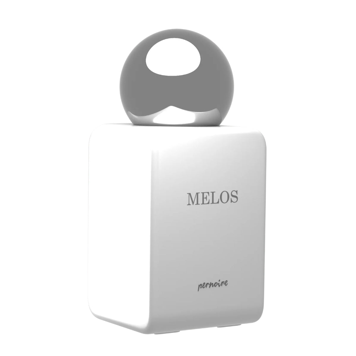 Pernoire - Odus Collection - Melos Parfumflakon mit schlichtem weißen Design und rundem silbernem Verschluss auf hellem Hintergrund