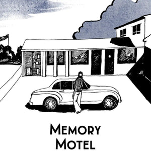 Une Nuit Nomade - Une Nuit a Montauk - Memory Motel schwarz-weiße Illustration eines Autos vor dem ikonischen Memory Motel