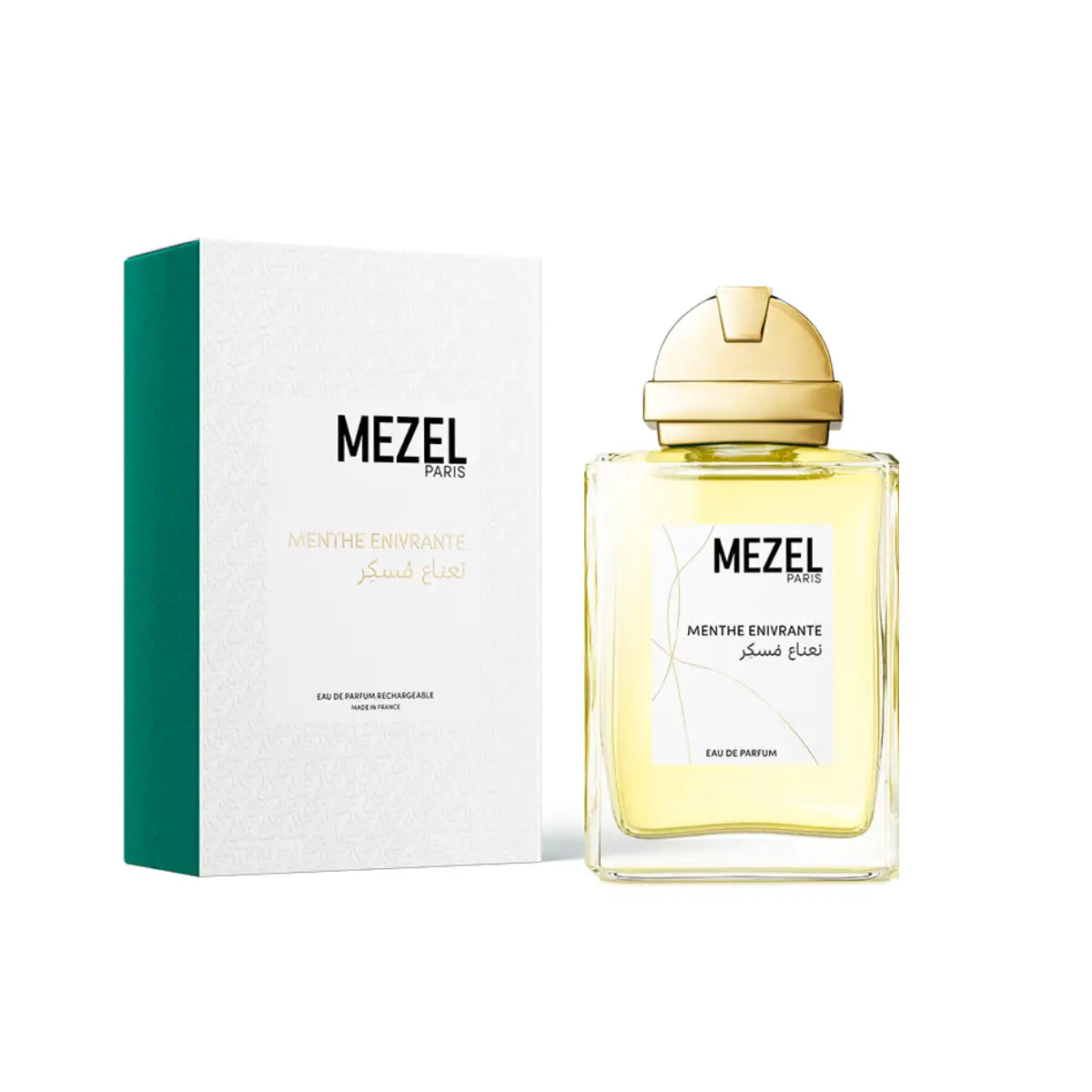 Mezel Paris - Menthe Enivrante Parfumflakon mit goldfarbenem Verschluss und geschmackvoller Verpackung vor weißem Hintergrund