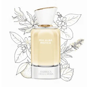Fabbrica della Musa - Mia Alba Mistica Flakon mit heller Flüssigkeit und weiß-goldenem Verschluss vor botanischer Zeichnung