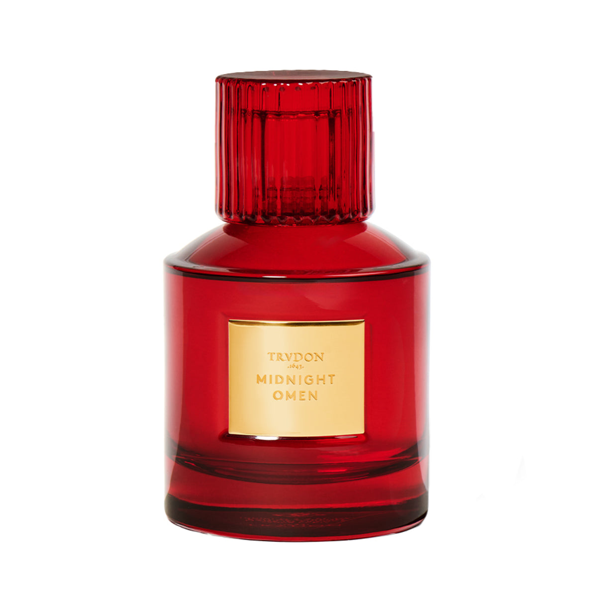 Trudon - Nuit Rouge - Midnight Omen Parfumflakon in satiniertem Rot mit goldfarbenem Label vor weißem Hintergrund