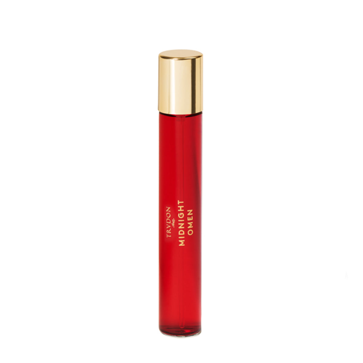 Trudon - Nuit Rouge - Midnight Omen schlanker roter Reisezerstäuber mit goldfarbenem Verschluss vor weißem Hintergrund