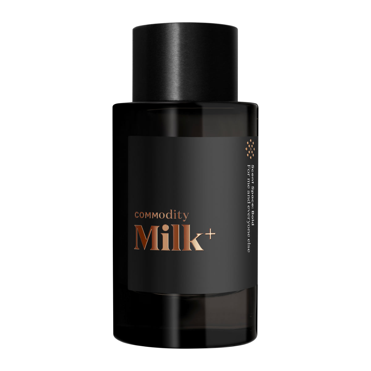 Commodity - Milk+ Parfumflakon in schwarzem Design mit kupferfarbenem Schriftzug vor weißem Hintergrund