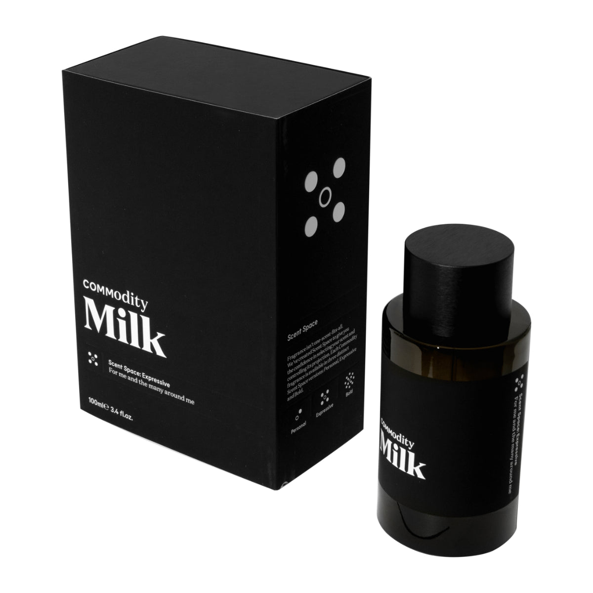 Commodity - Milk Parfumflakon und schwarze Verpackung in modernem, reduziertem Design auf weißem Hintergrund präsentiert