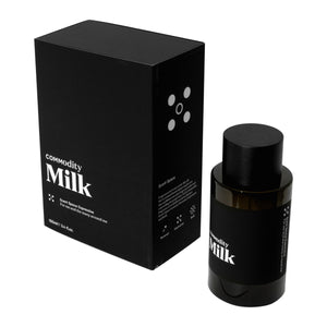 Commodity - Milk Parfumflakon und schwarze Verpackung in modernem, reduziertem Design auf weißem Hintergrund präsentiert
