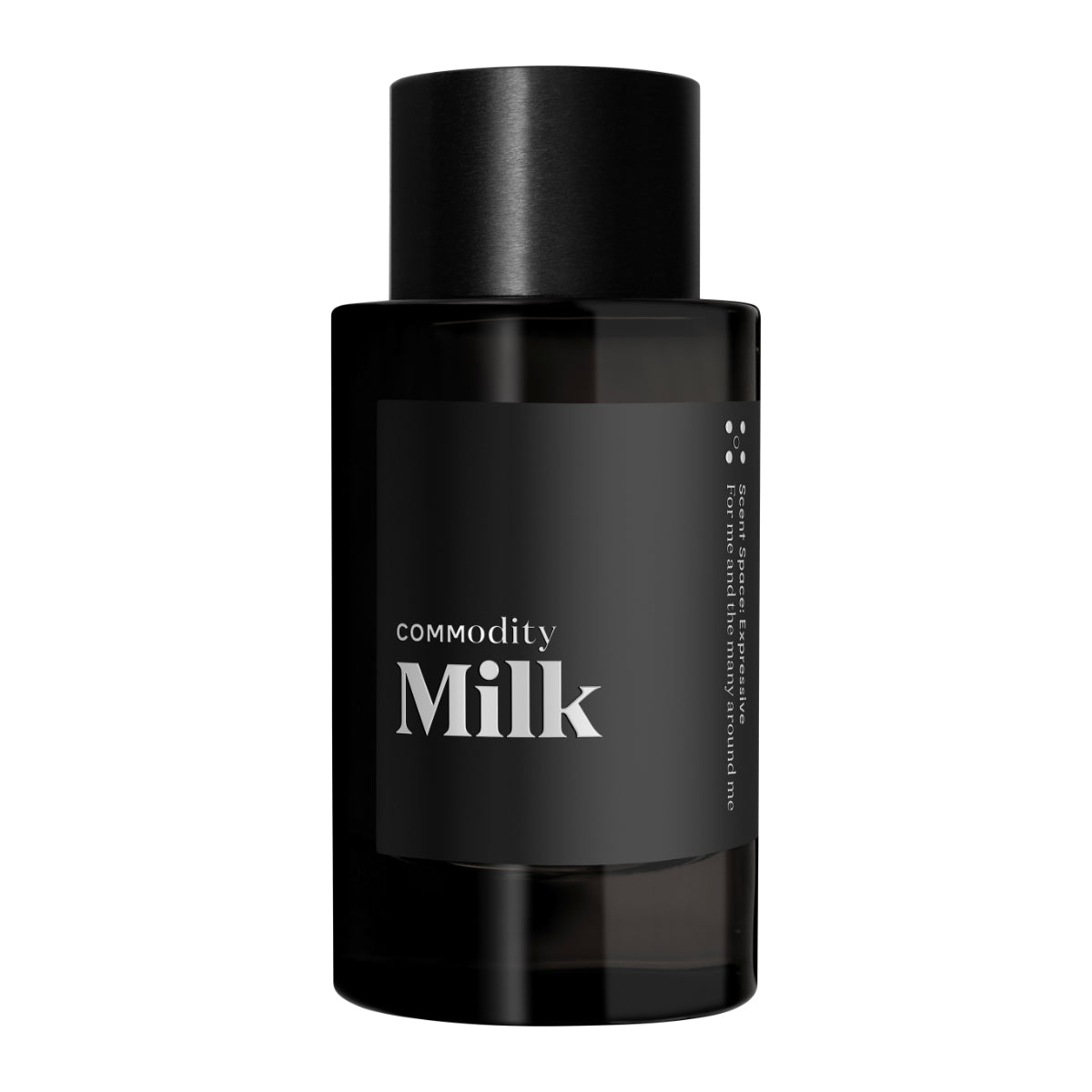 Commodity - Milk Parfumflakon in schlichtem schwarzem Design auf weißem Hintergrund minimalistisch präsentiert