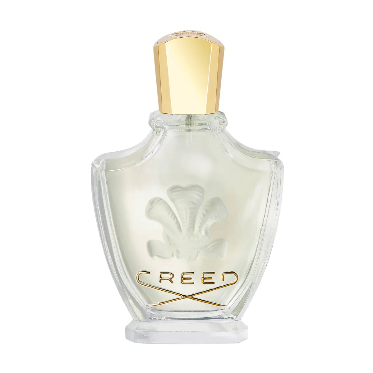 Creed - Fleurissimo eleganter, transparenter Flakon mit goldfarbenem Verschluss auf weißem Hintergrund