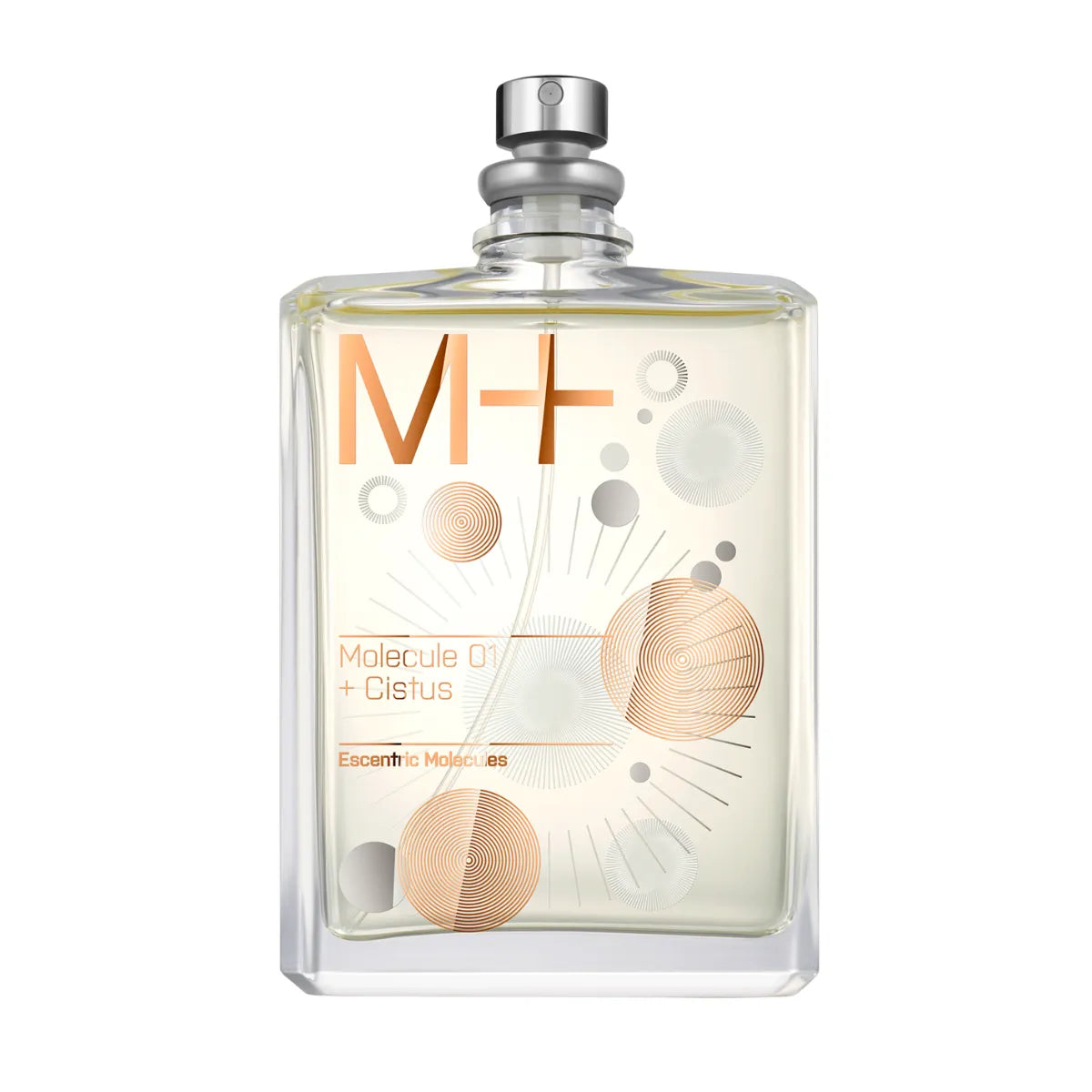 Escentric Molecules - Molecule 01+ Cistus Parfumflakon mit transparentem Design und orangefarbenem Schriftzug vor weißem Hintergrund